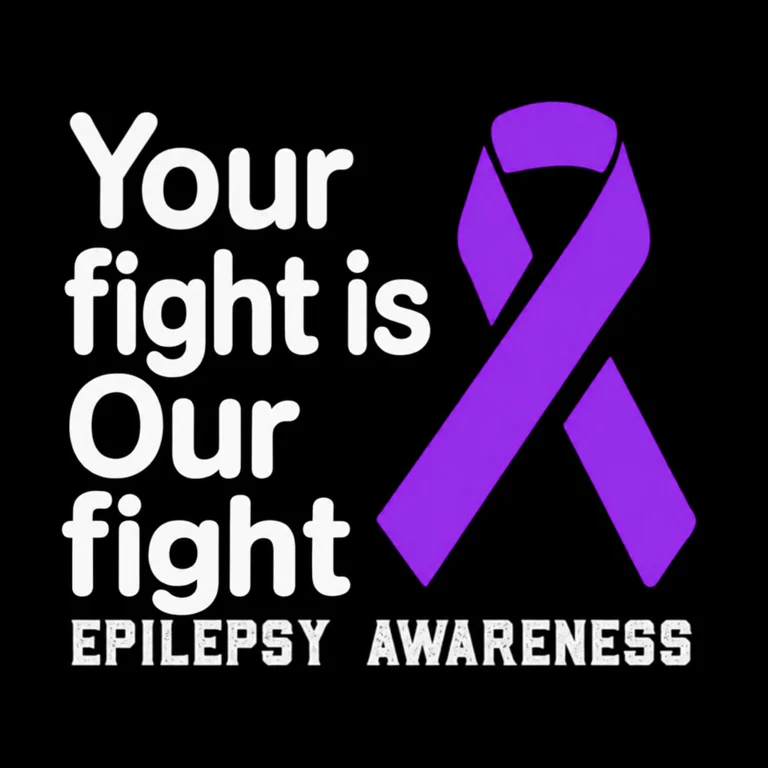 Purple epilepsy-awareness ribbon with the message: Your fight is Our fight